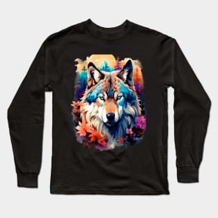 A Grey Wolf with Mountains, Floral Elements, Forests, Trees Long Sleeve T-Shirt